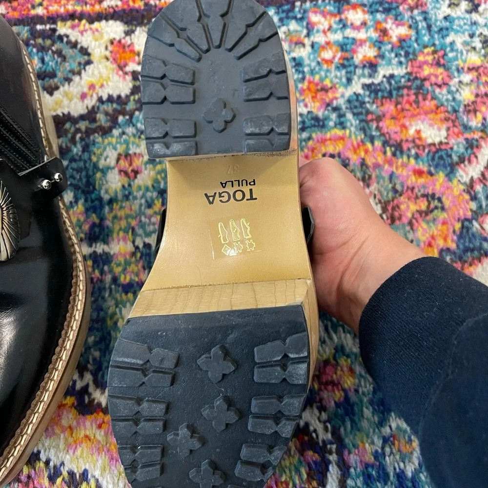 TOGA Pulla Black Leather Platform Slip-On Shoes with Silver Conchos